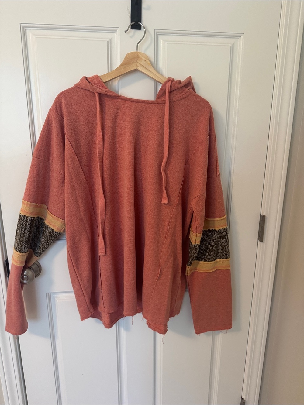 easel Coral Hooded Knit Pullover with Contrast Sleeve Stripes
